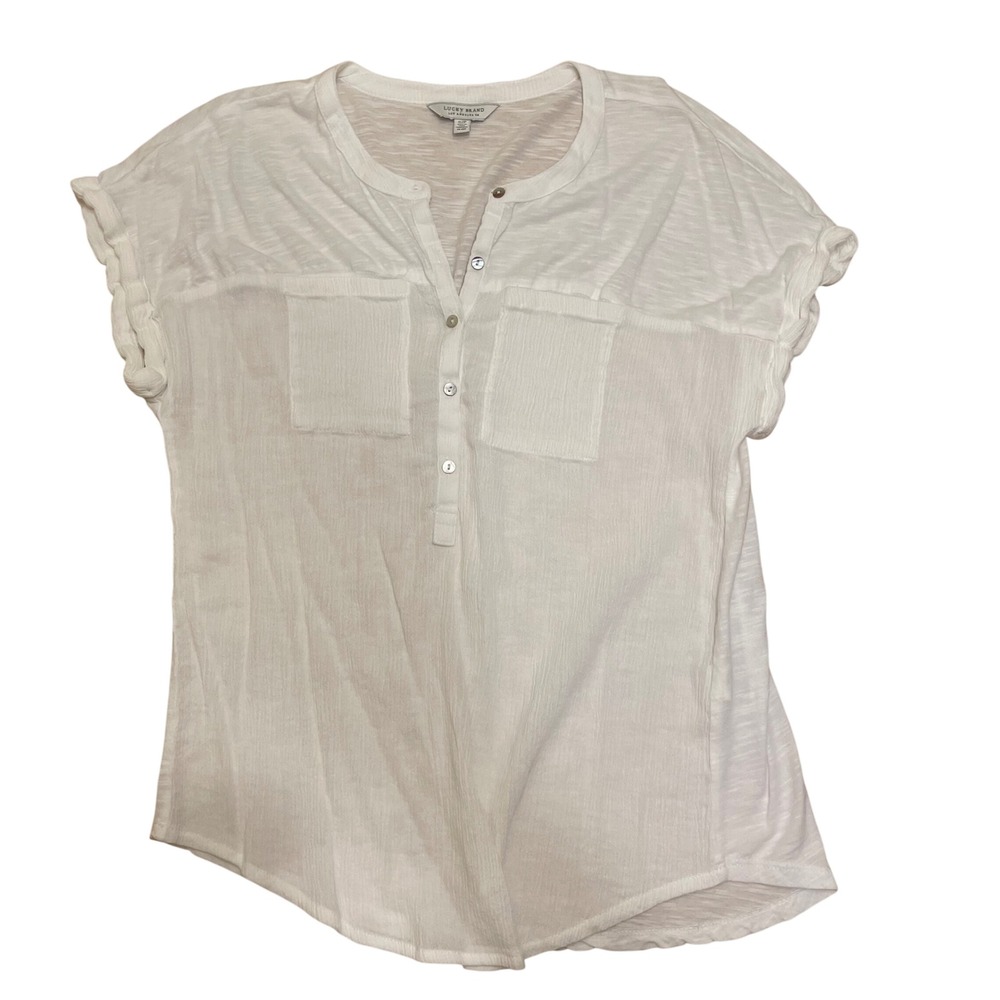 Lucky Brand White Gauze Top Button Up Short Sleeve Casual Shirt Women's Size SP